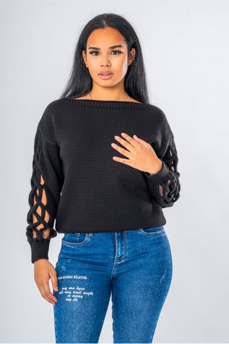 Black openwork knitted sleeve sweater