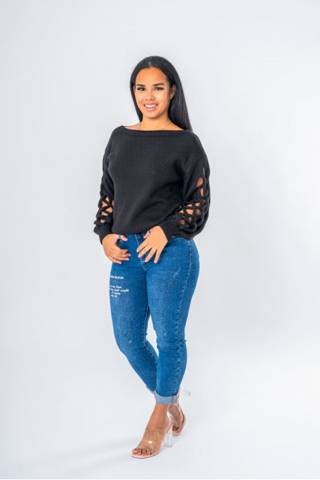 Pull en maille manches tressée ajourée noir - vue full face
