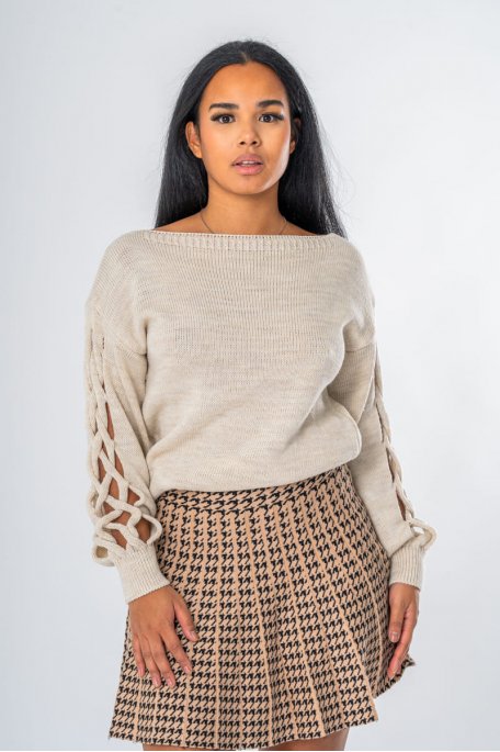 Pull en maille manches tressée ajourée beige - vue face