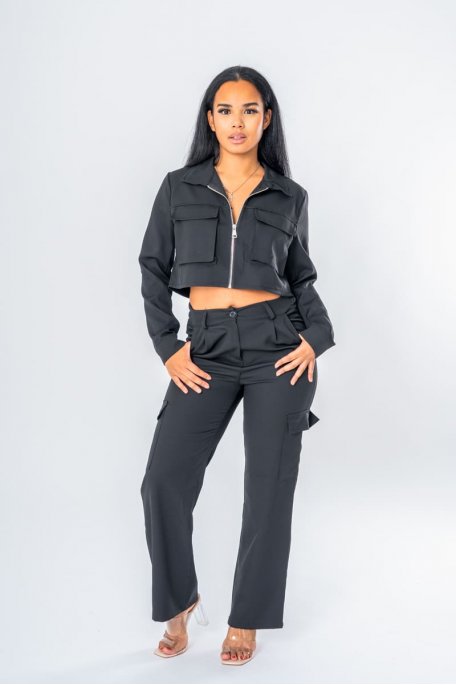 Black short jacket and cargo pants set