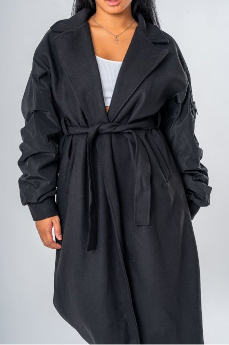 Manteau long ceinturé bi-matière noir - vue détails