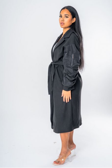 Manteau long ceinturé bi-matière noir - vue côté