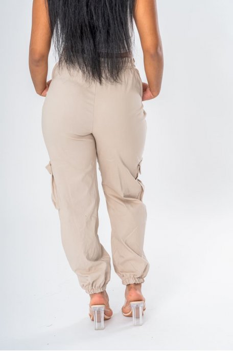 Pantalon cargo taille élastique beige - vue dos
