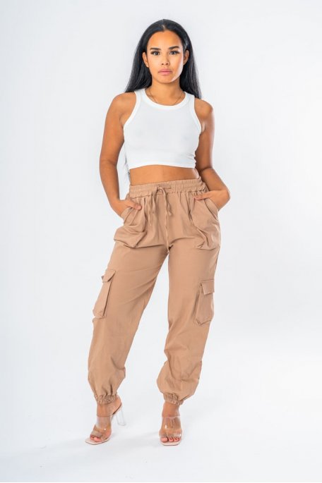 Pantalon cargo taille élastique marron - vue full
