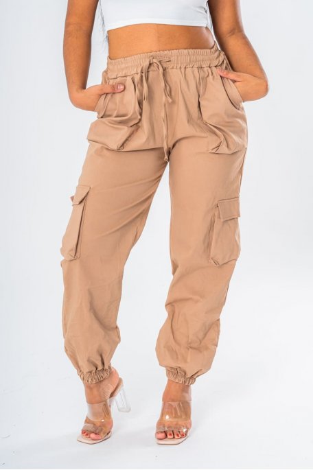 Brown elastic waist cargo pants