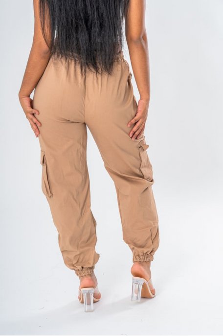 Pantalon cargo taille élastique marron - vue dos