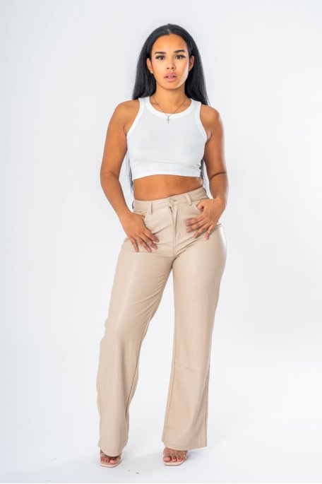 Pantalon coupe droite simili beige - vue full