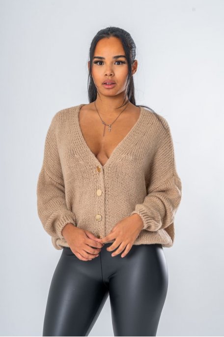 Gilet boutons dorés manches chauve-souris marron - vue face zoom