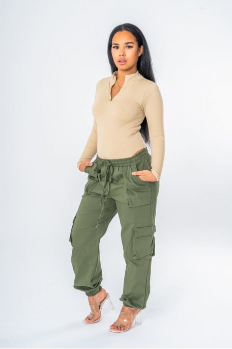 Pantalon cargo taille élastique kaki - vue full