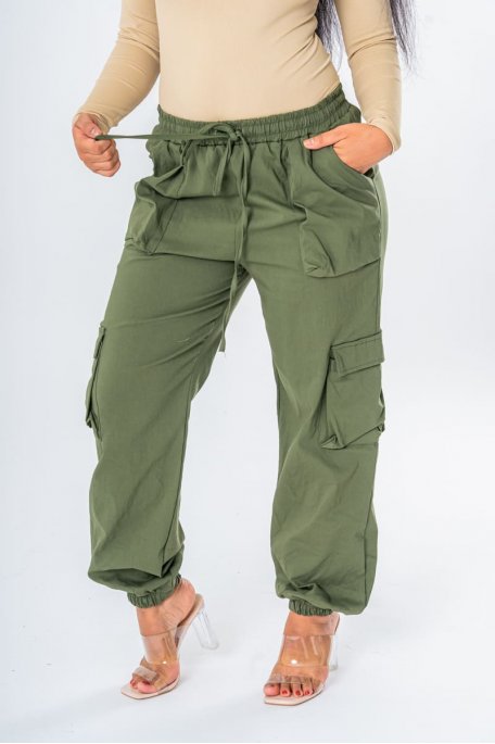Pantalon cargo taille élastique kaki - vue produit