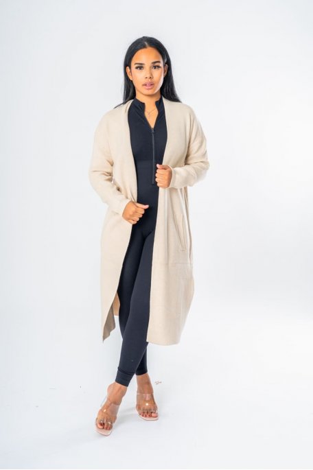 Long cardigan in beige fine knit