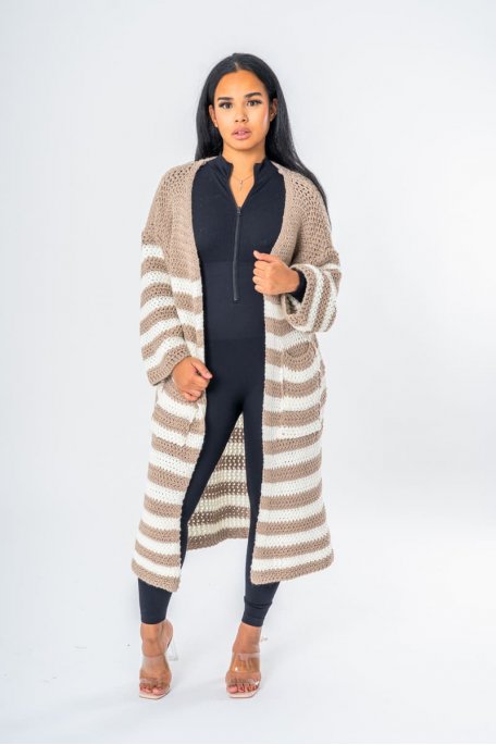 Gilet rayé long à poche marron - vue face