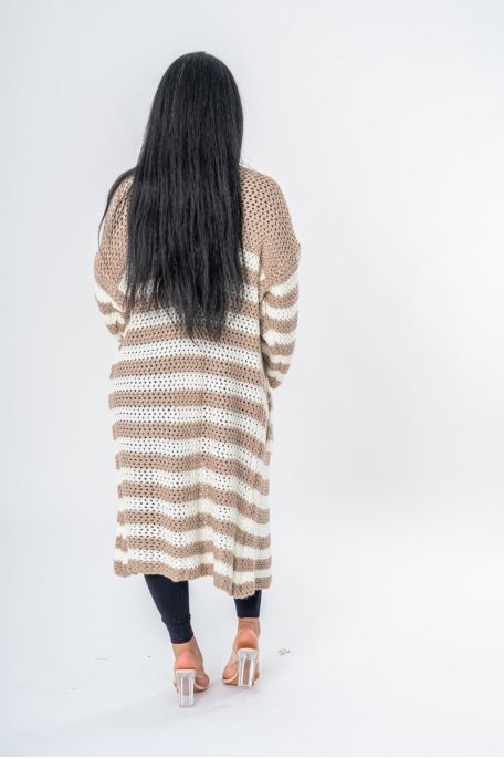 Gilet rayé long à poche marron - vue dos