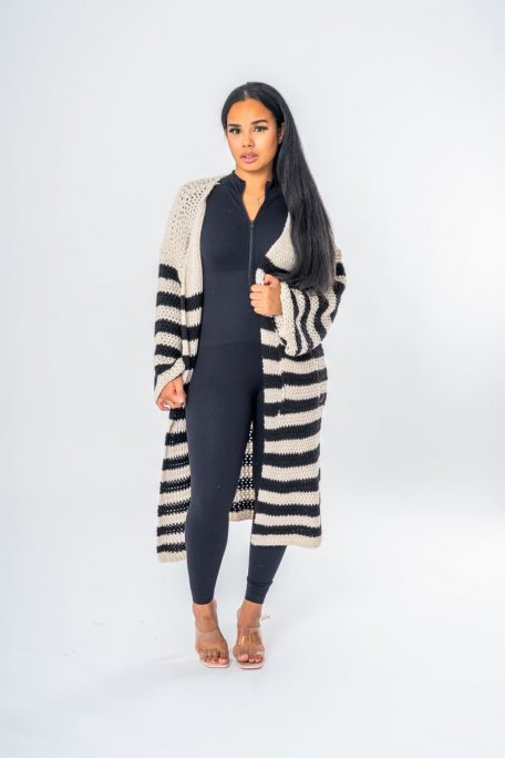 Gilet rayé long à poche noir - vue face
