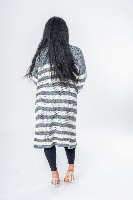 Gilet rayé long à poche gris - vue dos