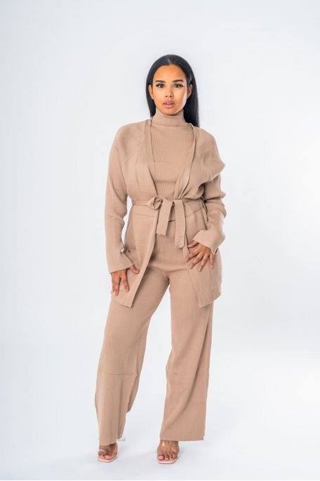 Beige 3-piece vest top and ribbed pants set