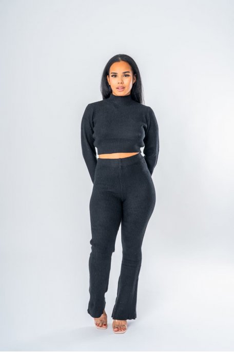 Ensemble pull crop top et pantalon noir en maille - Vue full look