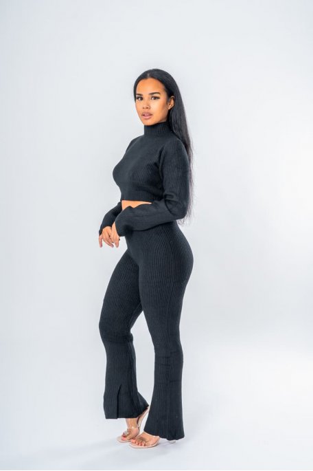 Ensemble pull crop top et pantalon noir en maille - Vue côté