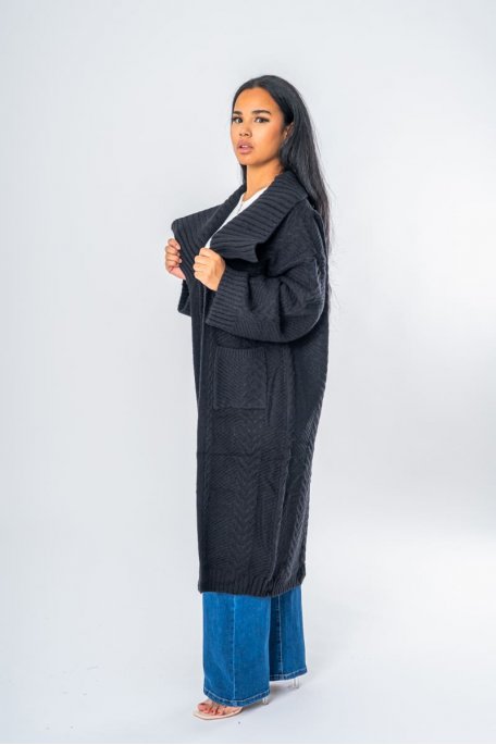 Long, thick cardigan in black braided knit