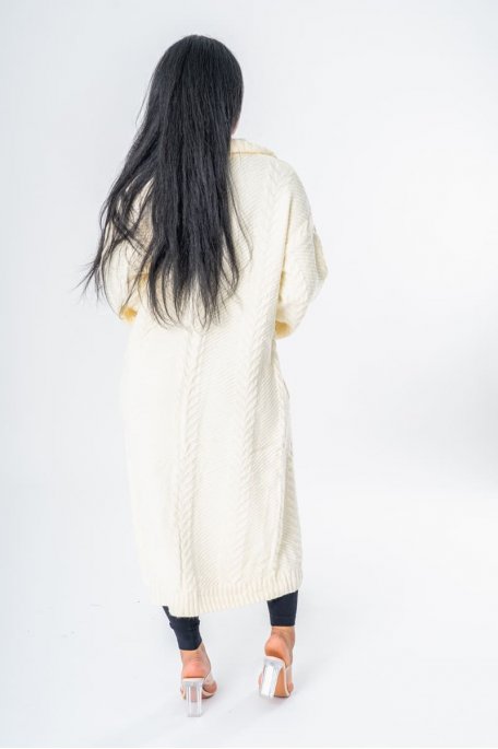 Gilet long épais en maille tressée écru - vue dos