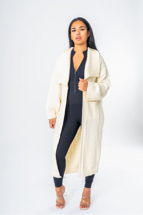 Gilet long épais en maille tressée écru - vue face