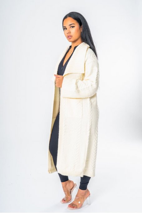 Gilet long épais en maille tressée écru - vue côté