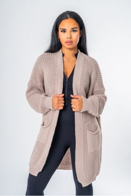 Taupe knit mid-length cardigan