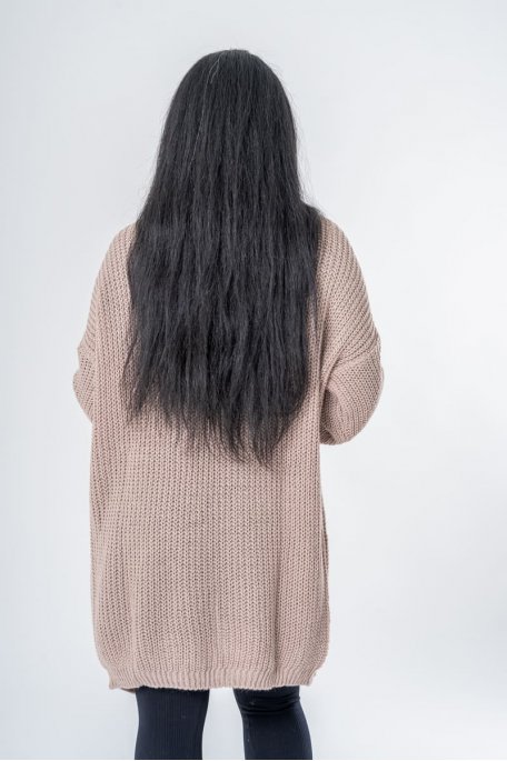 Gilet mi-long en maille taupe - vue dos