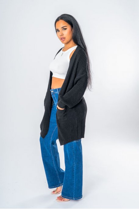 Black knitted mid-length cardigan