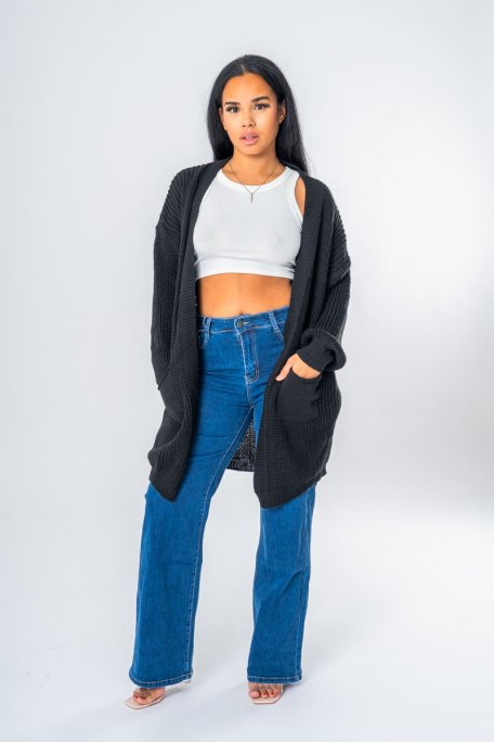 Gilet mi-long en maille noir - vue face