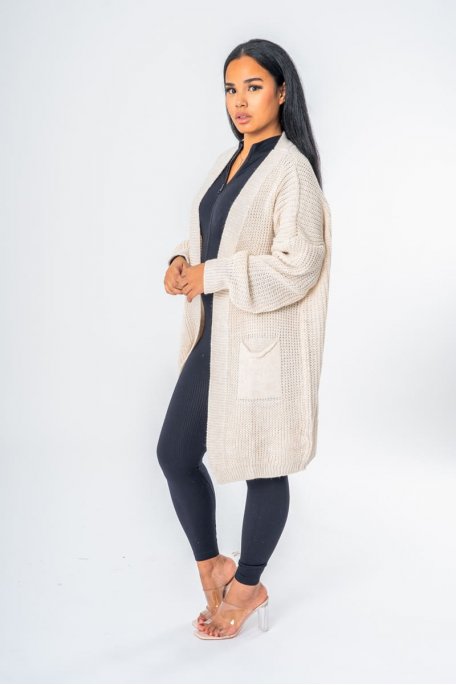 Gilet mi-long en maille beige - vue côté