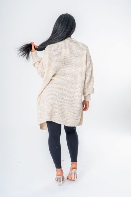 Gilet mi-long en maille beige - vue dos