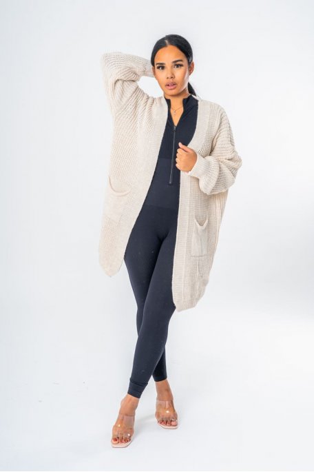 Gilet mi-long en maille beige - vue face