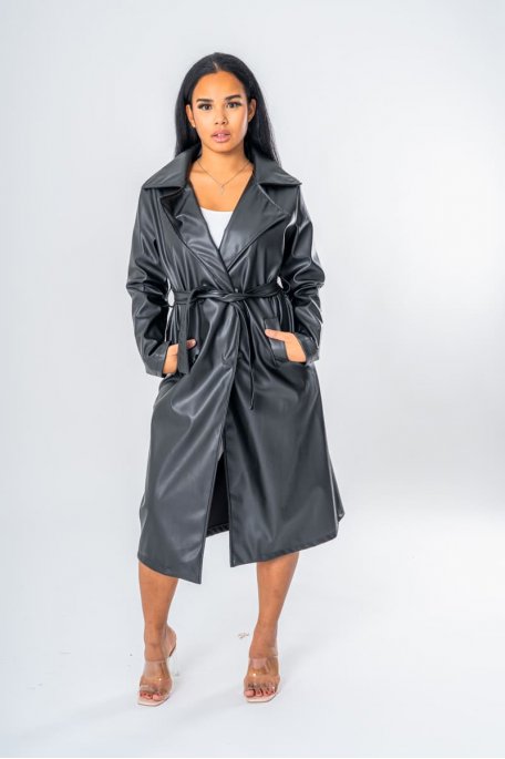 Black belted faux-leather long trench coat