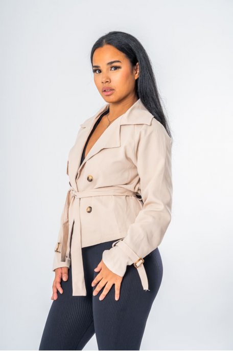 Veste courte cintré ceinturé beige - vue profil
