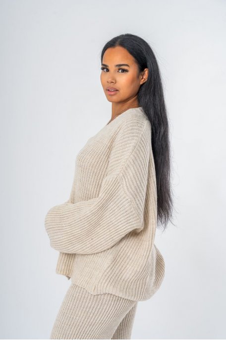 Ensemble gilet oversize en maille beige - vue profil