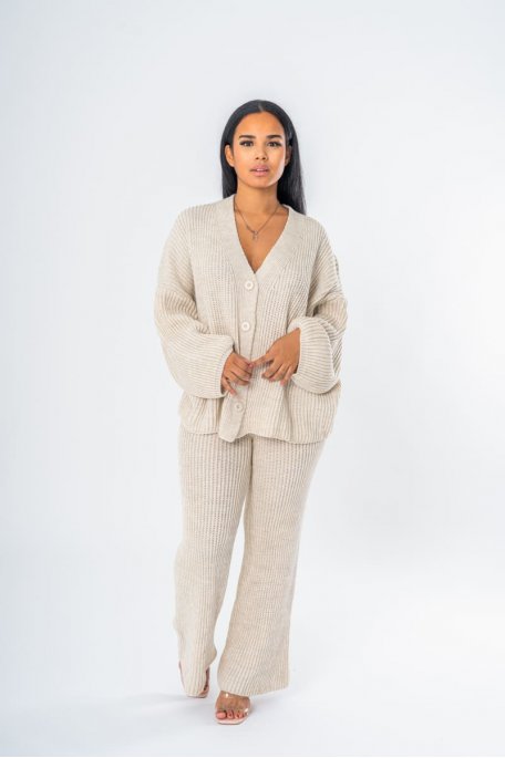 Ensemble gilet oversize en maille beige - vue full look
