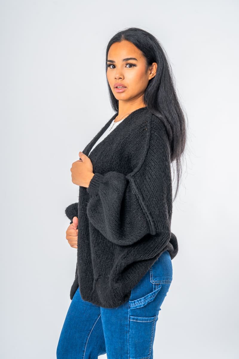 Black oversized cardigan with full sleeves Cinelle Paris fashion for women