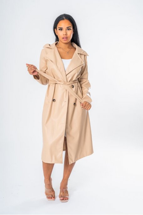 Beige belted faux-leather long trench coat