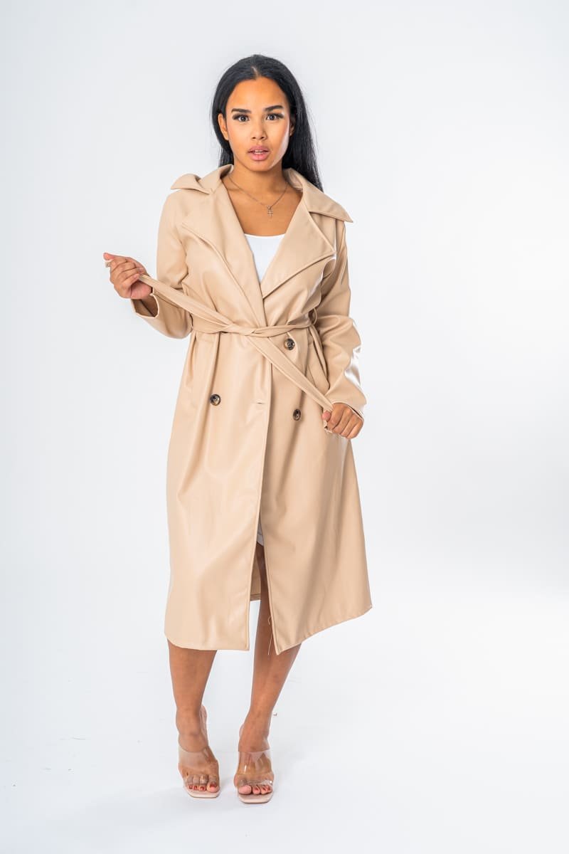 Trench long simili cuir ceinturé beige - vue face