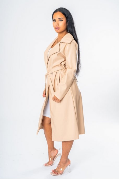 Trench long simili cuir ceinturé beige - vue profil