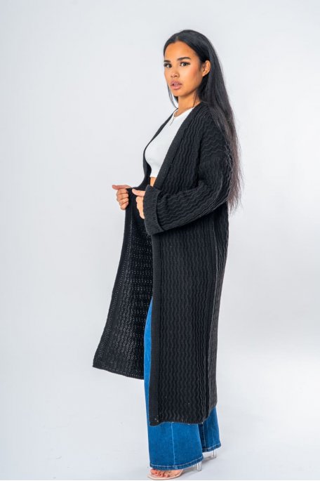 Gilet en maille long manches revers noir - vue côté