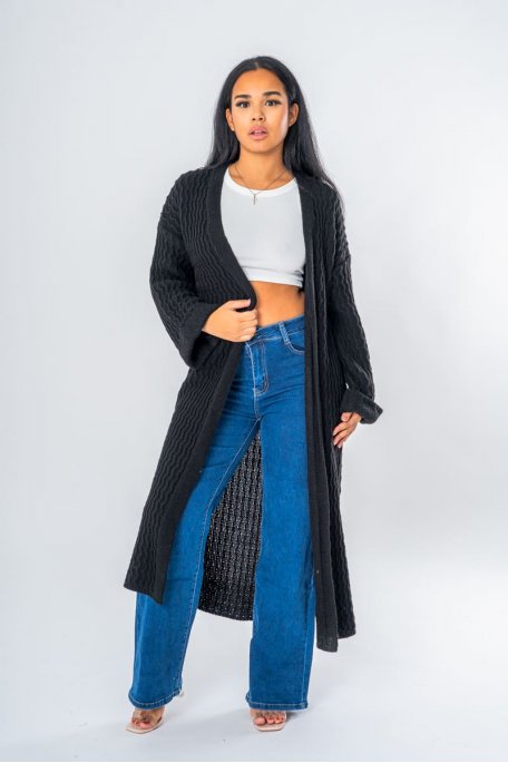 Gilet en maille long manches revers noir - vue face