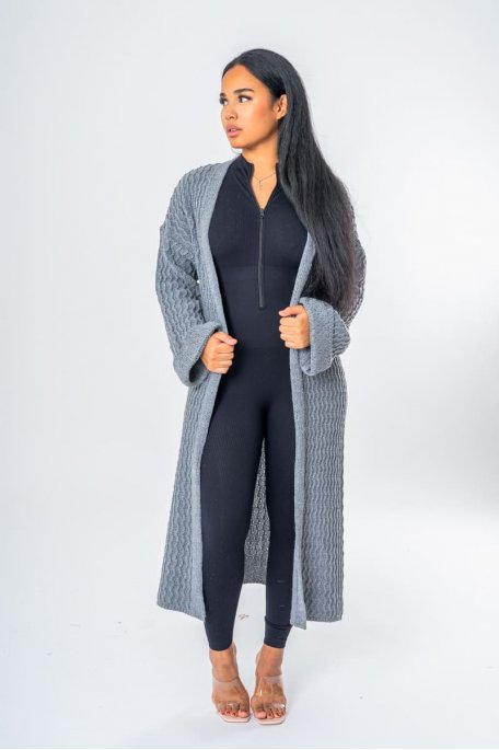 Long-sleeved knitted cardigan with grey lapels