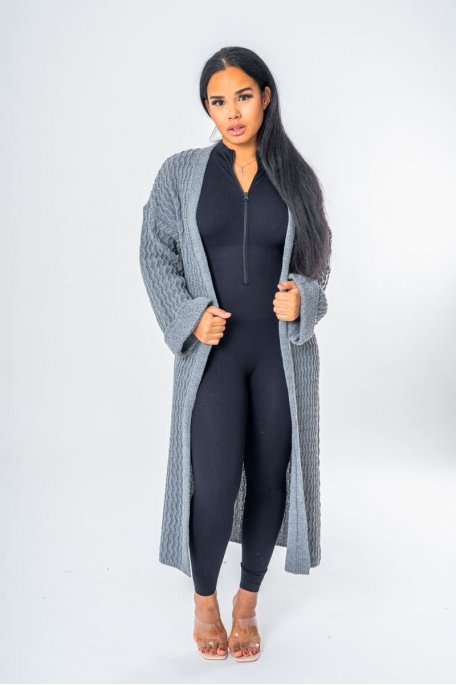Gilet en maille long manches revers gris - vue full look
