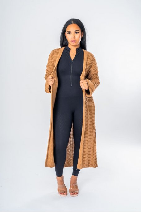 Gilet en maille long manches revers marron - vue face