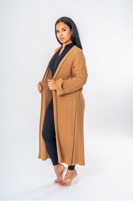 Gilet en maille long manches revers marron - vue profil