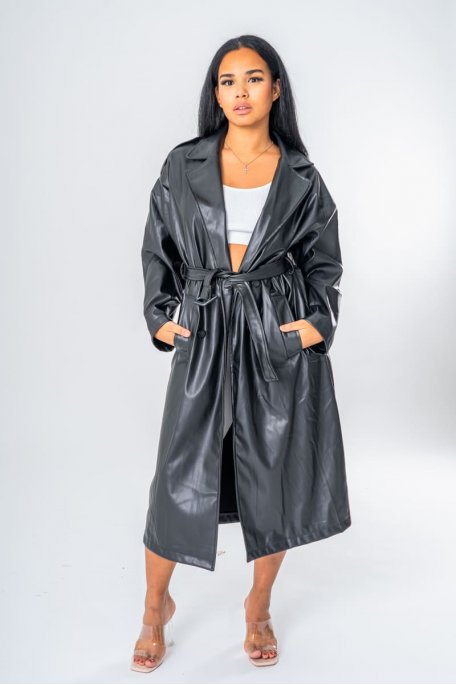 Long trench coat with black imitation buckle belt
