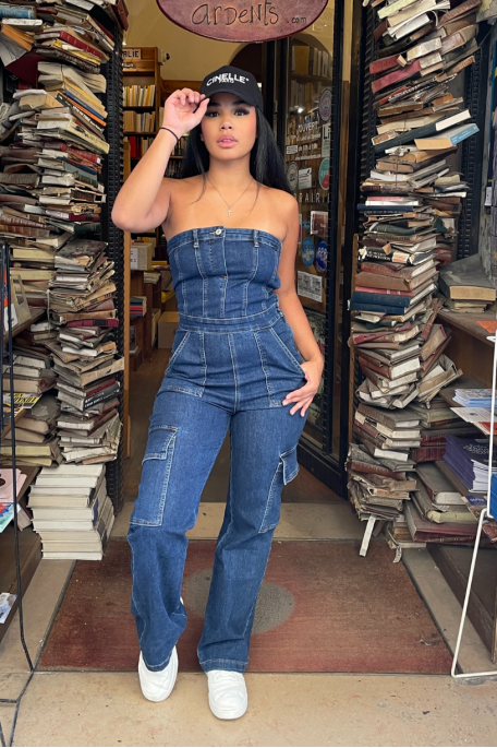 Bustier jumpsuit in blue cargo denim