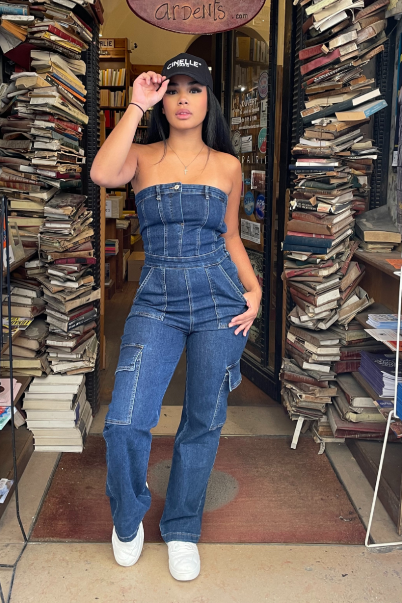 Denim cheap bustier jumpsuit